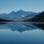 Still lake reflecting snow-capped mountains under a clear blue sky